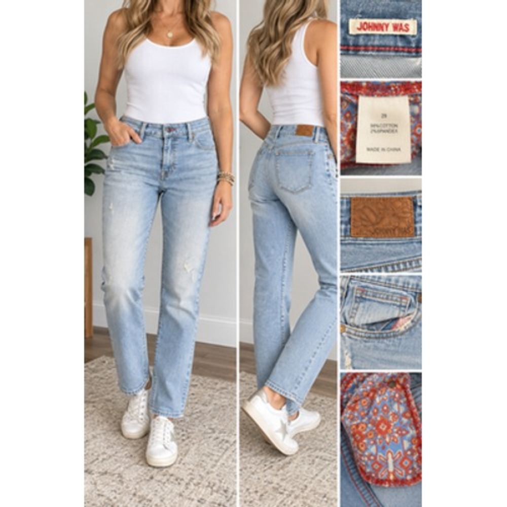 Johnny Was The Boyfriend Jeans Womens 29 Light Wash Mid Rise Stretch Distressed